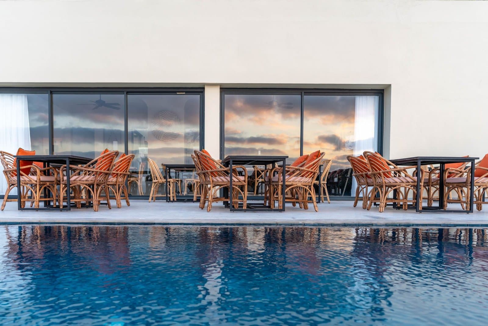 The restaurant's terrace facing the Atlantic Ocean at dusk